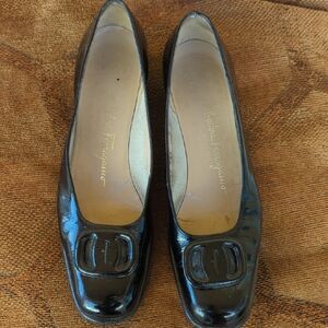 Salvatore Ferragamo Black Patent Leather Square-Toe Flats